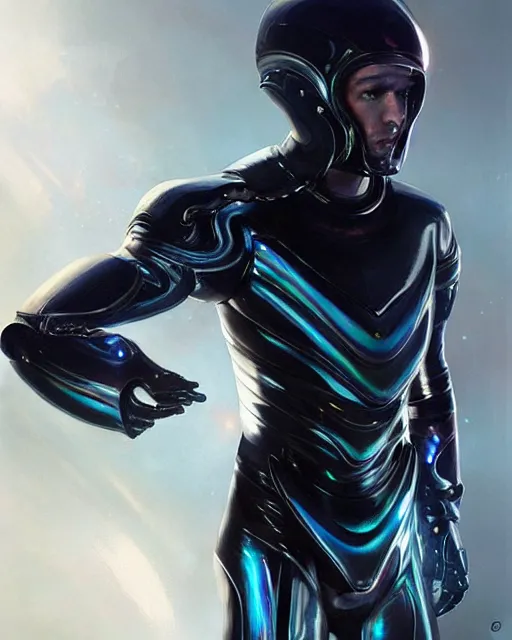 Prompt: iridescent sinewy smooth muscular male sleek glossy black pearlescent scifi armor with smooth black featureless helmet, by greg rutkowski, jim burns, tom bagshaw, magali villeneuve, trending on artstation