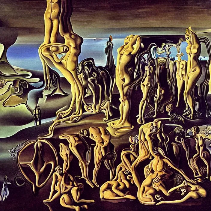 Prompt: a group of characters crying in a surreal environment by salvador dali, highly detailed