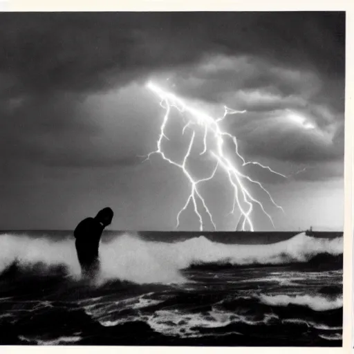 Prompt: A silhouette of a man, ocean, big waves collapsing next to him, lightning strikes