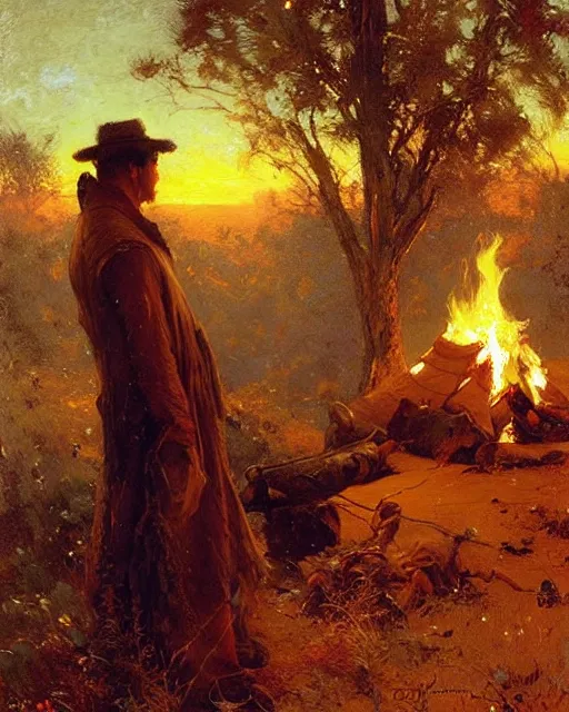 Image similar to very very attractive man contemplates his hands from beside the fire, his tent is nearby, nighttime, dim stars, bright firelight, melancholy, nostalgia, painting by gaston bussiere, craig mullins, j. c. leyendecker