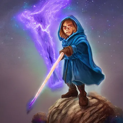 Prompt: Profile picture of a 30 year old halfling wizard. Medium length brown hair, hooded purple cloak. Glowing blue wand charged with energy. Organic Painting, Matte Painting, meaningful