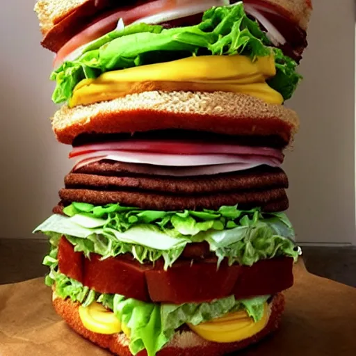 Image similar to enormously tall Dagwood-style Big Mac sandwich