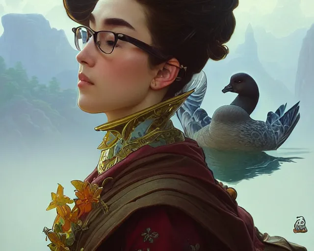 Image similar to a puzzled goose trying to find inner peace, deep focus, d & d, fantasy, intricate, elegant, highly detailed, digital painting, artstation, concept art, matte, sharp focus, illustration, hearthstone, art by artgerm and greg rutkowski and alphonse mucha