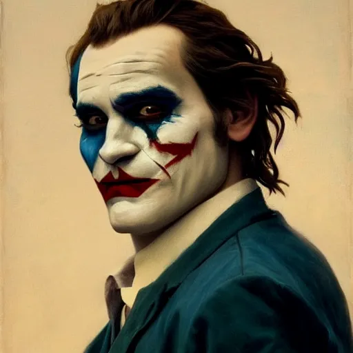 Image similar to Painting of Joaquin Phoenix as the Joker. Art by william adolphe bouguereau. During golden hour. Extremely detailed. Beautiful. 4K. Award winning.