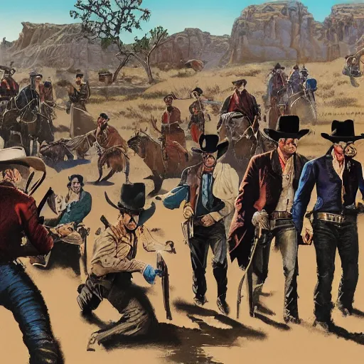 Prompt: detailed details photorealistic historical image of a wild west shootout in the town of tombstone in the style of bob peak and alex ross and moebius and jean giraud and artgerm, gouache and wash paints color and banksy, detailed details facial and body and human and environments and proportionate, detailed 5 k details.