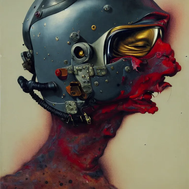 Image similar to hyperrealistic detailed higher angle portrait of a character in fighter pilot helmet, fighter jets, rich deep colors, ultra detail, by francis bacon, james ginn, petra courtright, jenny saville, gerhard richter, zdzisaw beksinski, takato yamamoto. masterpiece, elegant fashion studio ighting 3 5 mm