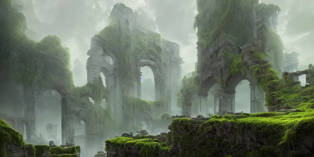 Image similar to a beautiful hyper realistic detailed matte painting of ruins of ancient ruins, lost arc, overgrown by moss, dramatic lighing,underexposed, overcast, fog, by Quentin Mabille and Moebius and Andreas Rocha and Raphael Lacoste, unreal engine, trending on artstation