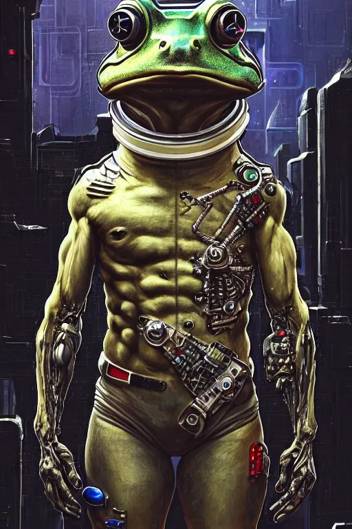 Image similar to a portrait of a muscular anthropomorphic cyberpunk frog in spacesuit armor with ensignia on chest plate by sandra chevrier, by jon foster, detailed render, post - processing, extremely hyperdetailed, intricate, epic composition, cybernetics, 4 k realistic, cryengine, realistic shaded lighting, sharp focus, masterpiece, by enki bilal