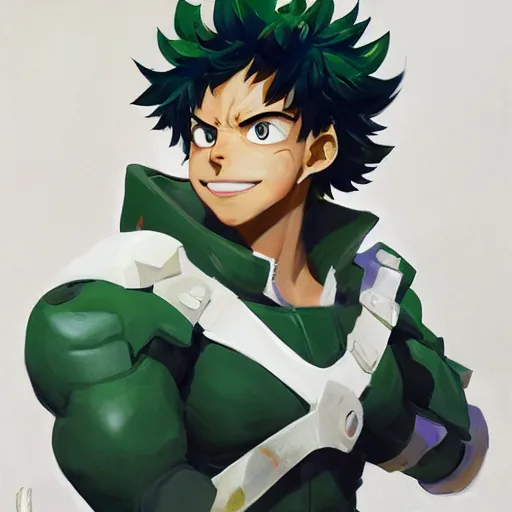 Image similar to greg manchess portrait painting of izuku midoriya as overwatch character, medium shot, asymmetrical, profile picture, organic painting, sunny day, matte painting, bold shapes, hard edges, street art, trending on artstation, by huang guangjian and gil elvgren and sachin teng