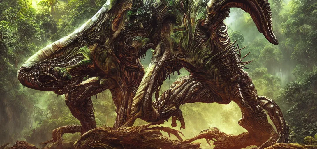 Prompt: alien creature in the exotic jungle, landscape, alex ross, neal adams, david finch, concept art, matte painting, highly detailed, rule of thirds, dynamic lighting, cinematic, detailed, denoised, centerd