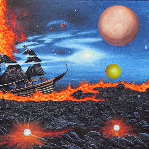 Prompt: Surrealistic painting of a pirate ship on lava, planets on the background, extremely detailed