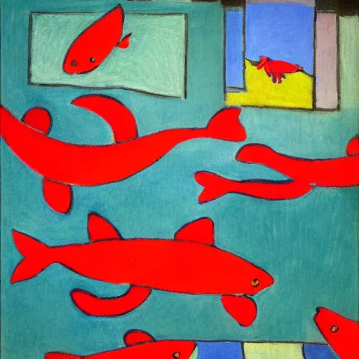 Image similar to dog with red fishes, by matisse, oil on canvas