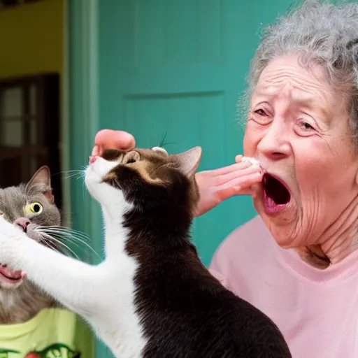 Prompt: an old woman opening her mouth wide and a cat jumping into it