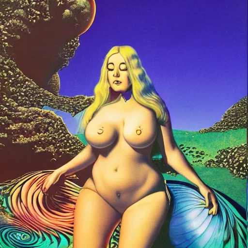 Image similar to big posterior of beautiful plump woman with a big rump by roger dean white cotton bikini psychedelic illusionary art psychedelic trippy gorgeous beautiful