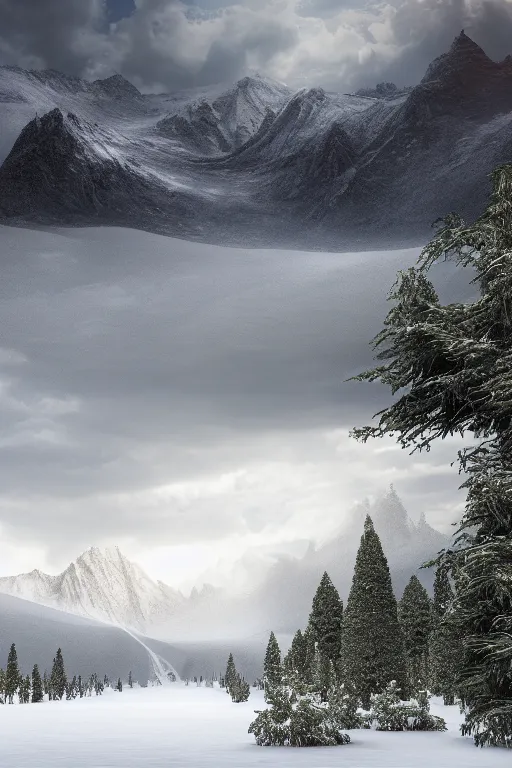 Image similar to 3 d render, realistic nature, dark color palate, snowy mountains, stormy weather, 8 k