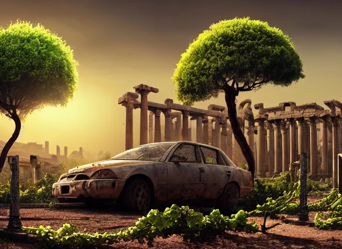 Image similar to a tree growing on a scrap car in ancient greek ruins, gray wasteland, many scrap cars, overgrown, pillars and arches, colorful flowers, vines, hyperrealistic, highly detailed, cinematic, ray of golden sunlight, beautiful, cgsociety, artstation, 8 k, pixar style by tristan eaton, artgerm, tom bagshaw