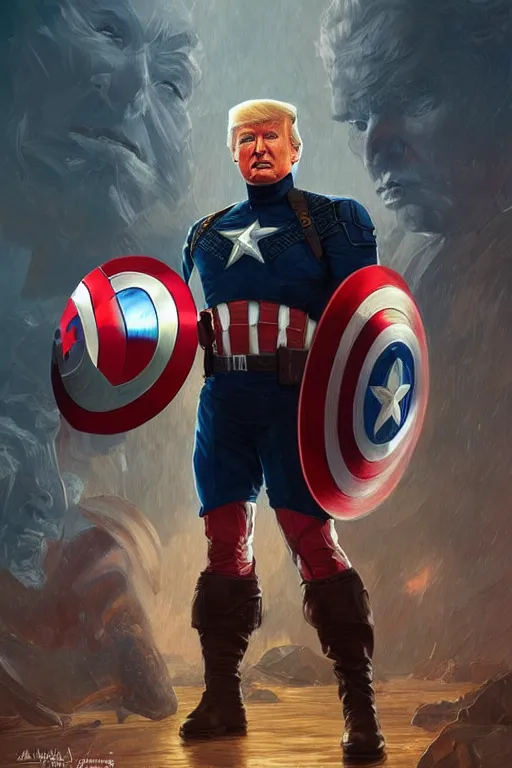 Image similar to Donald Trump as Captain America full body portrait, D&D, fantasy, intricate, elegant, highly detailed, digital painting, artstation, concept art, matte, sharp focus, illustration, art by Artgerm and Greg Rutkowski and Alphonse Mucha