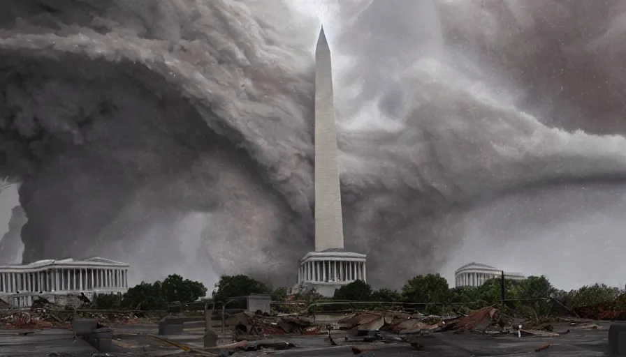 Image similar to tornado destroy washington dc, damaged and destroyed buildings, fallen washington monument, ashes, fire, smoke columns, tornadoes, storm, hyperdetailed, artstation, cgsociety, 8 k