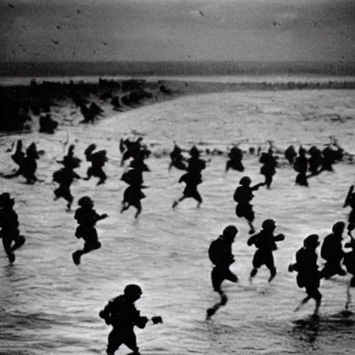 Image similar to the running soldiers in the sea in the d - day, by robert capa,