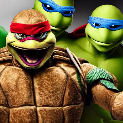 Image similar to Teenage Mutant Ninja Turtles sold at a pet store to different kids, cartoon, movie still, sad, uhd