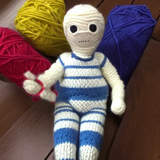 Image similar to hide the pain harold doll made out of yarn