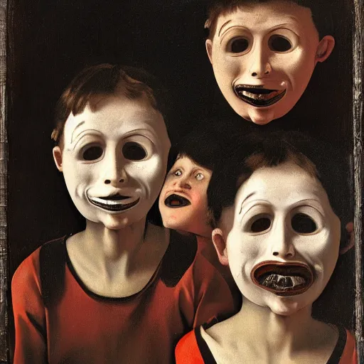 Prompt: kids wearing creepy masks daguerrotype painting by caravaggio