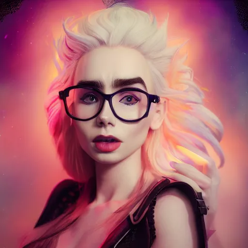 Prompt: a beautiful + blonde + dragon + queen + white hair + cool glasses + pistol + tights + lily collins + black pink, floating under the deep dream water, beautiful smooth soft light, white petal, oil paint, cinematic lighting, octane render, unreal engine 5, closeup, 4 k, highly detailed, instagram,