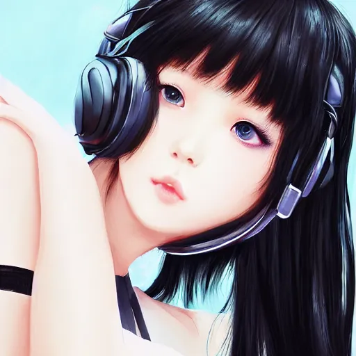 Image similar to realistic beautiful gorgeous natural cute Blackpink Lalisa Manoban black hair cute fur black cat ears, wearing white camisole, headphones, black leather choker artwork drawn full HD 4K highest quality in artstyle by professional artists WLOP, Taejune Kim, Guweiz on Artstation Pixiv