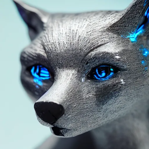 Image similar to Portrait photography of an Silver fox sculpture with glowing blue eyes