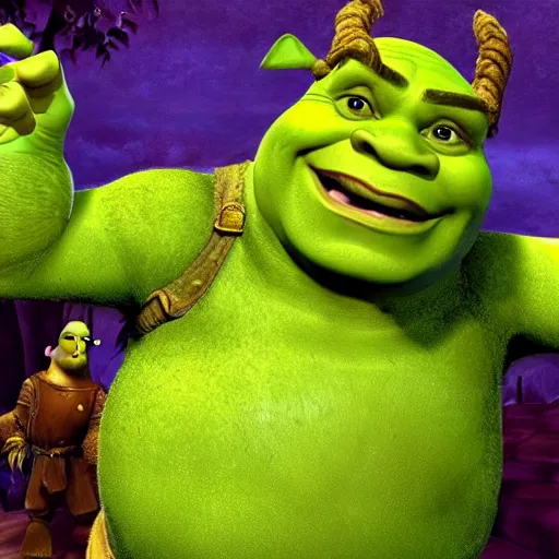 Image similar to Shrek in the style of Bard's Tale (2004), developed by inXile Entertainment. Shrek green orge in Bard's Tale