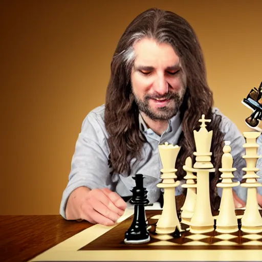 Prompt: A long haired man plays chess with a robot, hyper realistic, HD, HQ, photo realistic