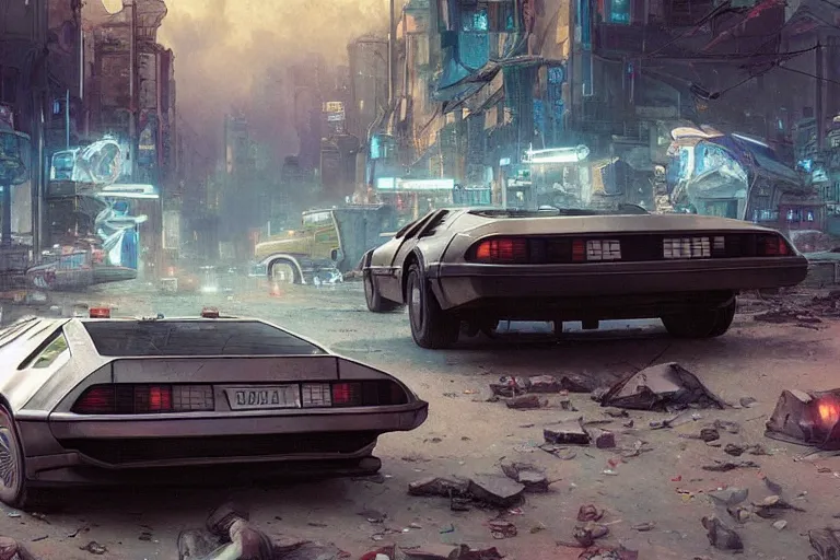 Image similar to photograph of the delorean driving down the streets of a cyberpunk abandoned city, by greg rutkowski, by stanley artgerm, by alphonse mucha