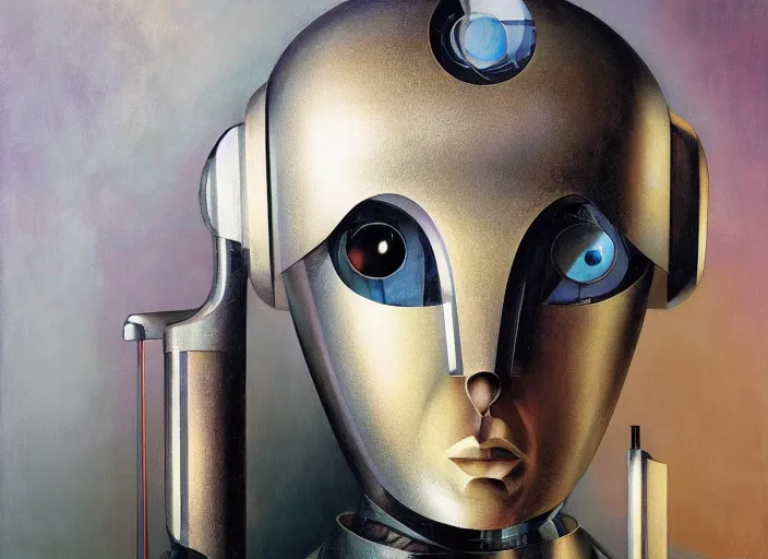 Image similar to a portrait headshot of sci fi metallic human, bright eyes, melancholic complex geometric figure liminal machinery by oskar schlemmer, moebius, john berkey, film grain, oil on canvas, portrait facial head, featured on artstation, hd wallpaper, 8 k