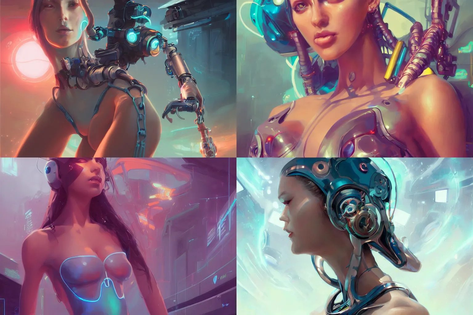 Prompt: portrait of a beautiful cybernetic girl in a swimsuit, cyberpunk concept art by pete mohrbacher and artgerm and wlop and greg rutkowski, digital art, highly detailed, intricate, sci-fi, neon colors, sharp focus, Trending on Artstation HQ, 4K UHD image