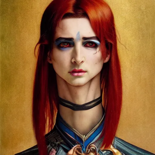 Prompt: a beautiful and androgynous half - elf with medium skin tone and messy short red hair and copper eyes with slit pupils, dressed in a colorful jodhpuri suit, dnd character, golden aura, realistic portrait by ross tran and gerald brom and kehinde wiley and fernando amorsolo and alphonse mucha, trending on artstation