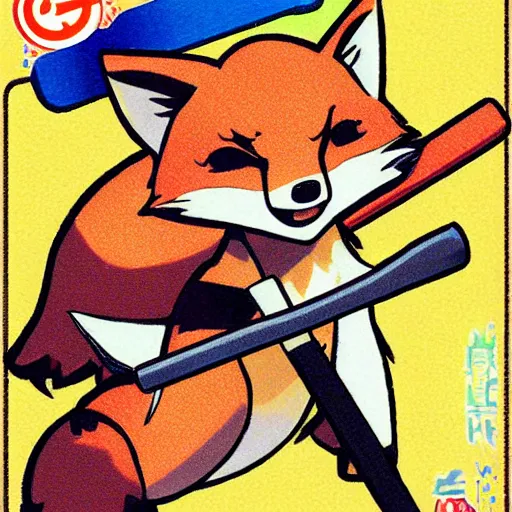 Prompt: a card with a picture of a fox holding a baseball bat, a comic book panel by ken sugimori, featured on pixiv, official art, poster art, 2 d game art, deviantart contest winner