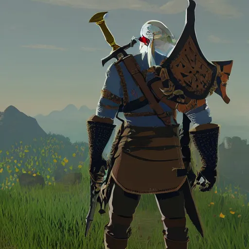 Prompt: Geralt of Rivia in The Legend of Zelda Breath of the Wild