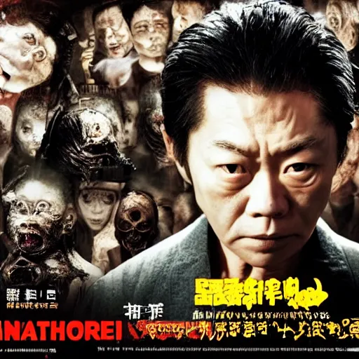 Image similar to ultra - photorealistic, new horror movie poster from takeshi miike, intricate details, sharp focus, perfect baroque like real project, symmetrical, perfect face and anatomy ultra - details, 4 k, uhd.