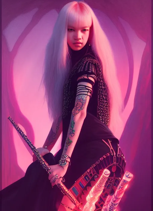 Prompt: jossi of blackpink, queen, tarot card, highly detailed, digital painting, smooth, sharp focus, illustration, ultra realistic, unreal engine, 8 k, art by simon bisley and greg rutkowski and alphonse mucha