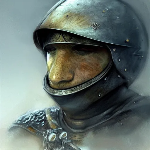 Prompt: toad sits in a knight's helmet, highly detailed portrait, digital painting, artstation, concept art, smooth, sharp focus ilustration, by luis royo, artstation hq