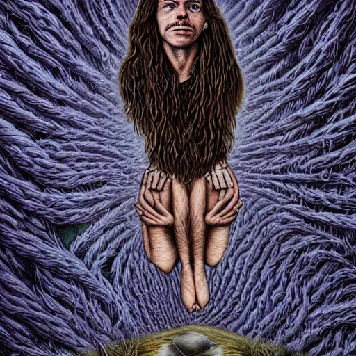 Image similar to alex ondra, climbing rope hair, portrait, style alex gray, style dan hillier, dmt background, hyperrealistic