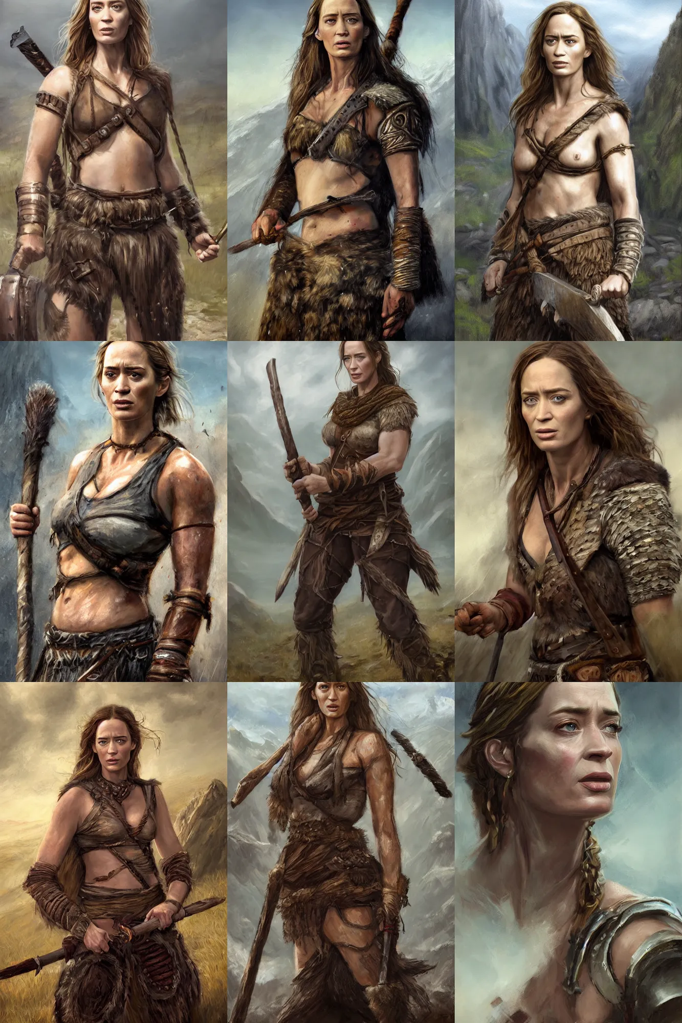 Prompt: a full body high detail fantasy portrait oil painting illustration of emily blunt as a single rugged stoic barbarian woman by Justin Sweet with face and body clearly visible, in a scenic background, pupils visible, realistic proportions, d&d, rpg, forgotten realms, artstation trending, high quality, sombre mood, artstation trending, muted colours, no crop, entire person visible!, natural light, Adobe Photoshop, Adobe Lightroom, photolab, Affinity Photo,