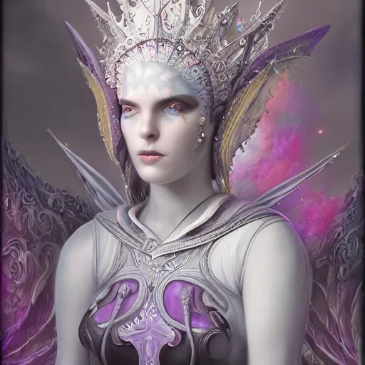 Prompt: tom bagshaw, soft painting fractal curiosities fairy carnival, single beautiful queen in full nightshade gothic armor, accurate features, focus, very intricate ultrafine details, black white purple volumetric clouds, award winning masterpiece, octane render 8 k hd