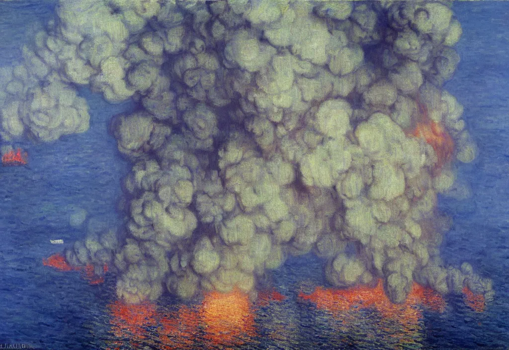 Prompt: deepwater horizon oil spill by claude monet, smoke cloud on the sea, oil painting, beautiful lighting, saturated colors, highly detailed.