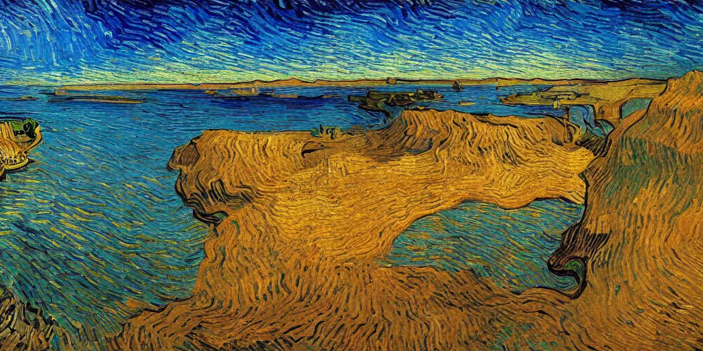 Image similar to a beach between two valley, by Salvador Dali and Van Gogh collaboration, sun set, digital art, high details, drone wide shot