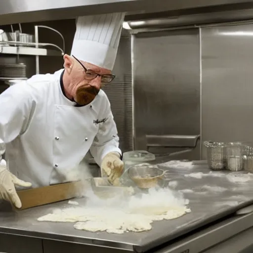 Prompt: Walter White as a chef making fried chicken in a kitchen