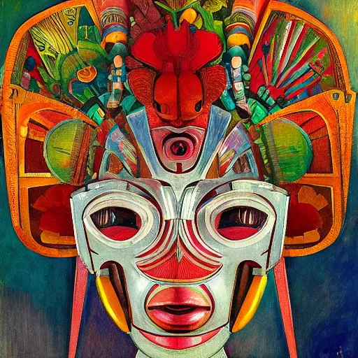 Image similar to head of a beautiful robot wearing a carnival mask made of stylized flowers, by diego rivera and john watkiss and annie swynnerton, art deco shaman, art brut, symbolist, dramatic cinematic lighting, god rays, iridescent beetles, clean crisp graphics, smooth sharp focus, extremely detailed