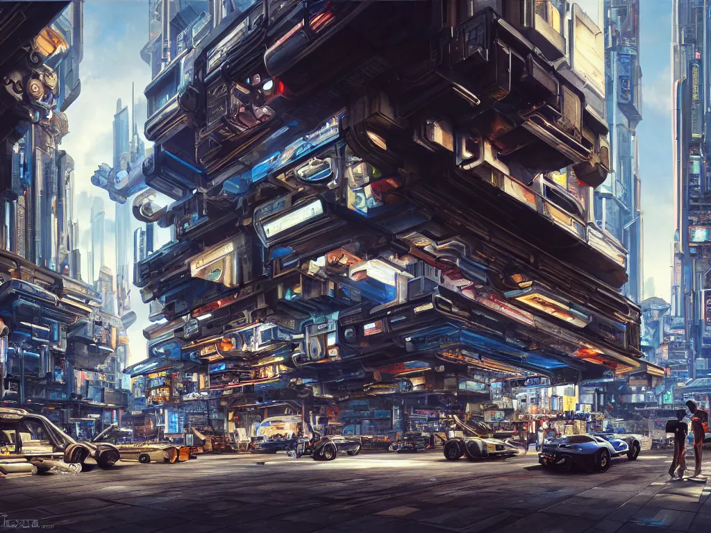 Prompt: hyperrealistic painting of a slice of life from a futuristic city, mechanical designs, technological, old architecture, futuristic vehicles, meticulous, cinematic style render, cyberpunk style, highly detailed, realism, intricate, acrylic on canvas, 8 k resolution, concept art, by noriyoshi ohrai, francesco di giorgio martini, luciano laurana