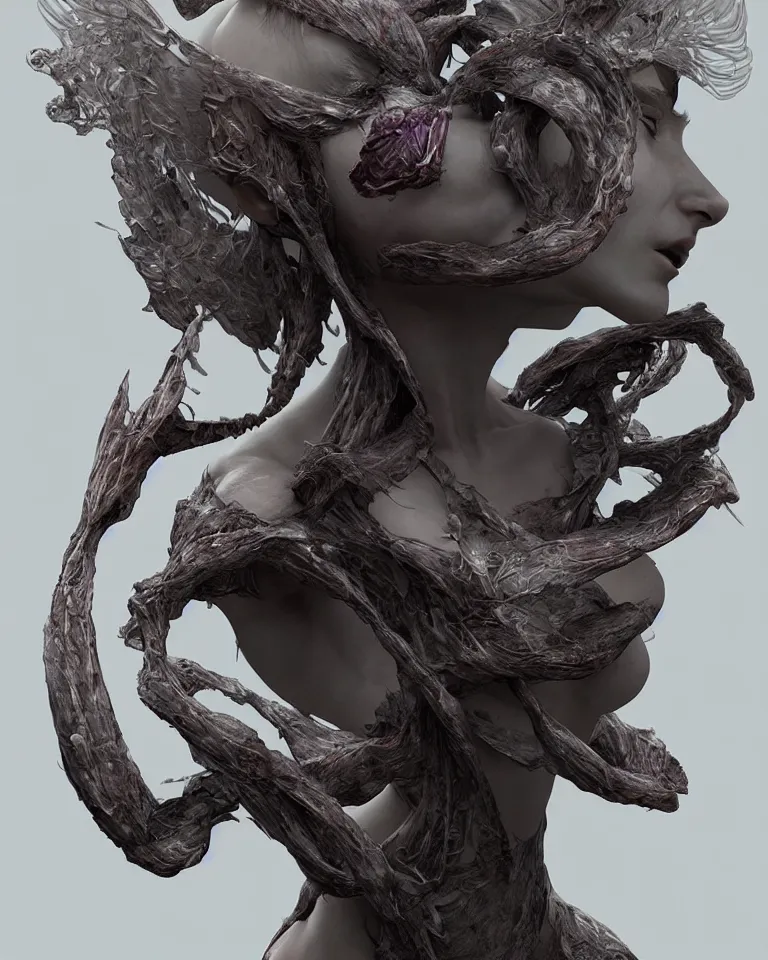 Prompt: a sculpture of a gorgeous etherial female, breaking apart, metaphysical paintings, Andrew Ferez, jeremy geddes, cosmic horror, octane render, trending on cgsociety, featured on zbrush central, grotesque, vanitas, new sculpture, mystical