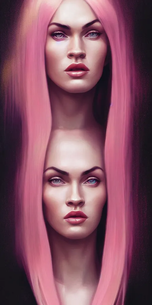 Image similar to Portrait of a beautiful pale skin Nordic female megan fox with long pink hair, elegant, photorealistic, highly detailed, artstation, smooth, sharp focus, gold ornaments, neon lighting, sci-fi, art by Klimt